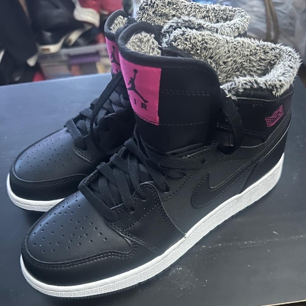 Jordan Women's Mid-Top Sneakers in Black with Pink Accents